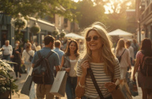 A smiling woman enjoying a luxury shopping spree at Bicester Village designer outlet, highlighting the vibrant atmosphere and the convenience of a day trip from London.